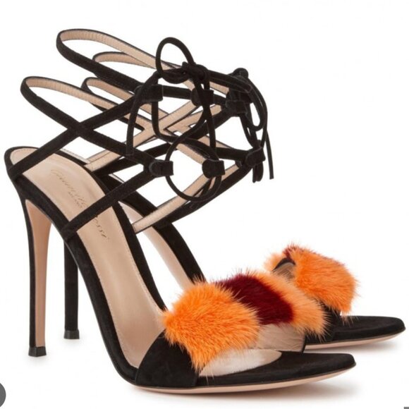 Gianvito Rossi Black Tie Ankle Mink Heels - Picture 7 of 12